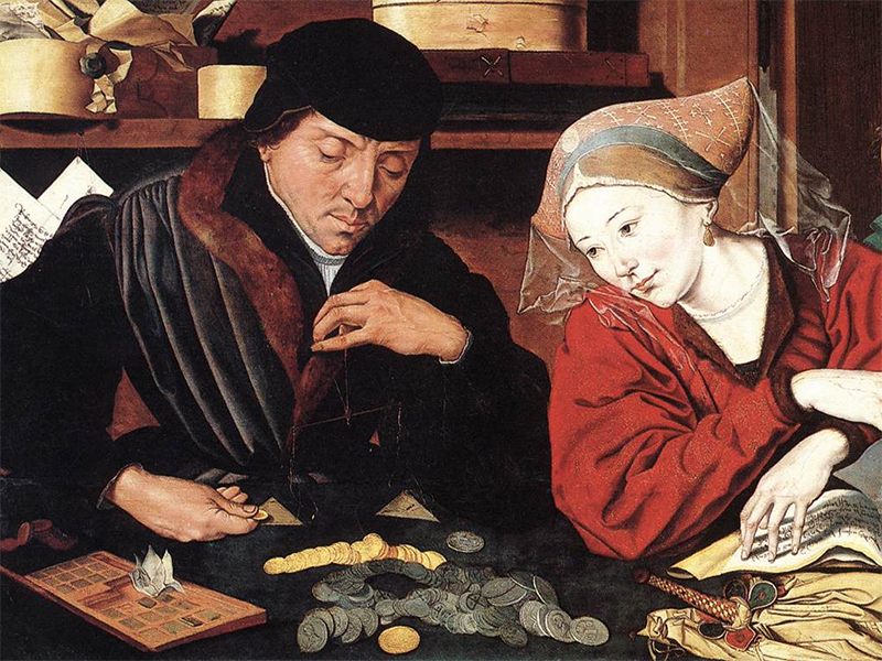 Symbolbild mit zeitgenössischer Darstellung von Geldwechlerin und -wechsler als Link zu den Öffnungszeiten und Preisen